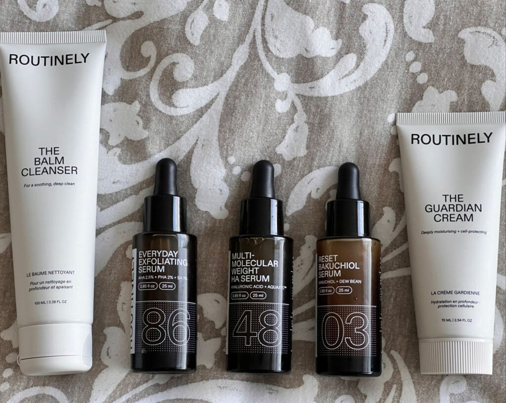 5 Routinely products; from left to right: The Balm Cleanser, Everyday exfoiliating serum (86), Multi-molecular weight serum (48), Reset bakuchiol serum (03), The guardian cream